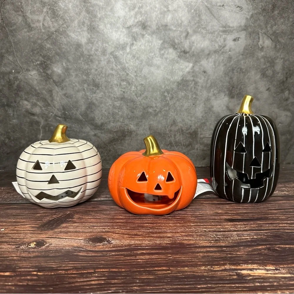 Set of 3 Target Bullseye Halloween 2022 Ceramic LED Light Up Pumpkins